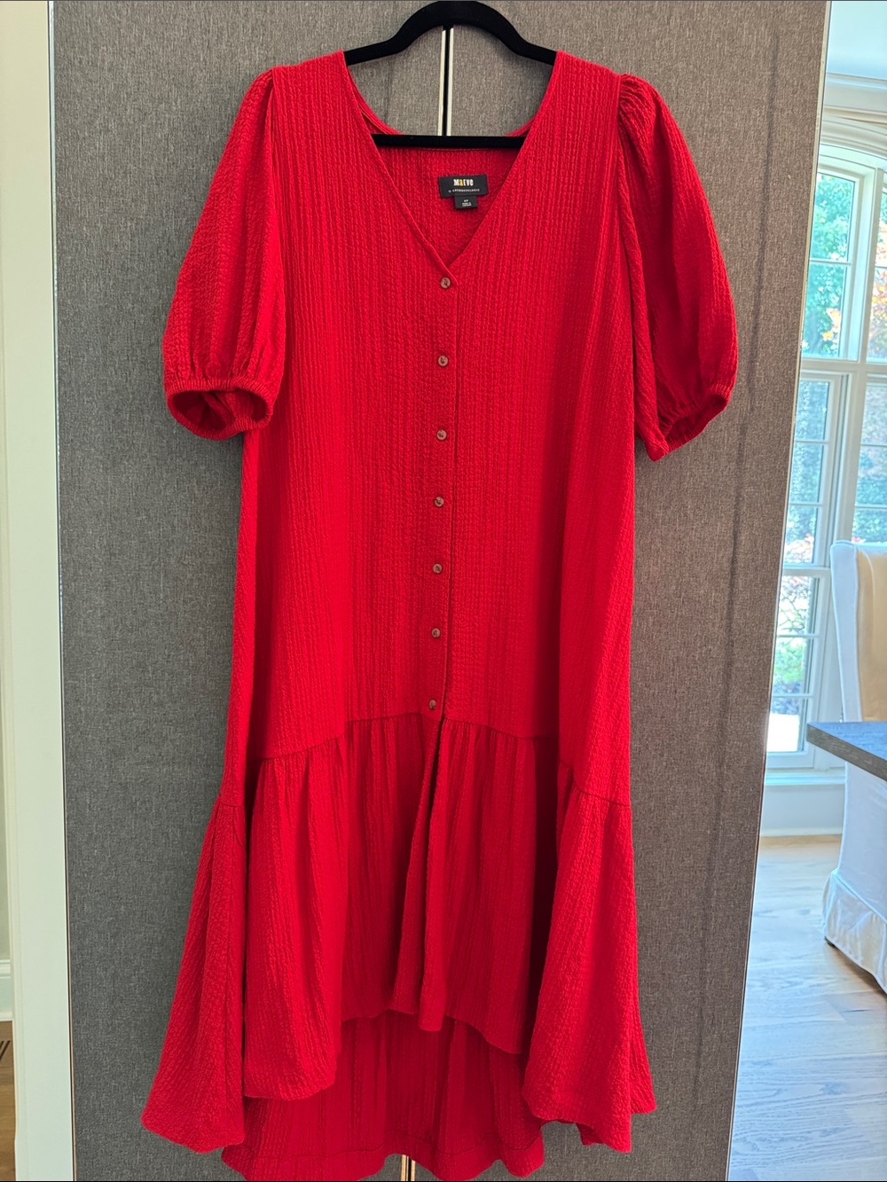 Maeve Anthropologie Bright Red Button-Front Puff Sleeve Dress